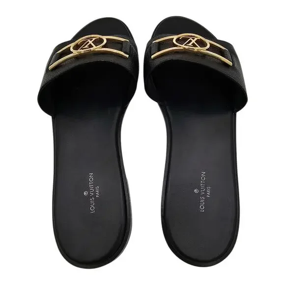 Louis Vuitton Lock It Flat Slide Sandal Black Leather Gold LV Logo Size 38 US 8 - Picture 5 of 12